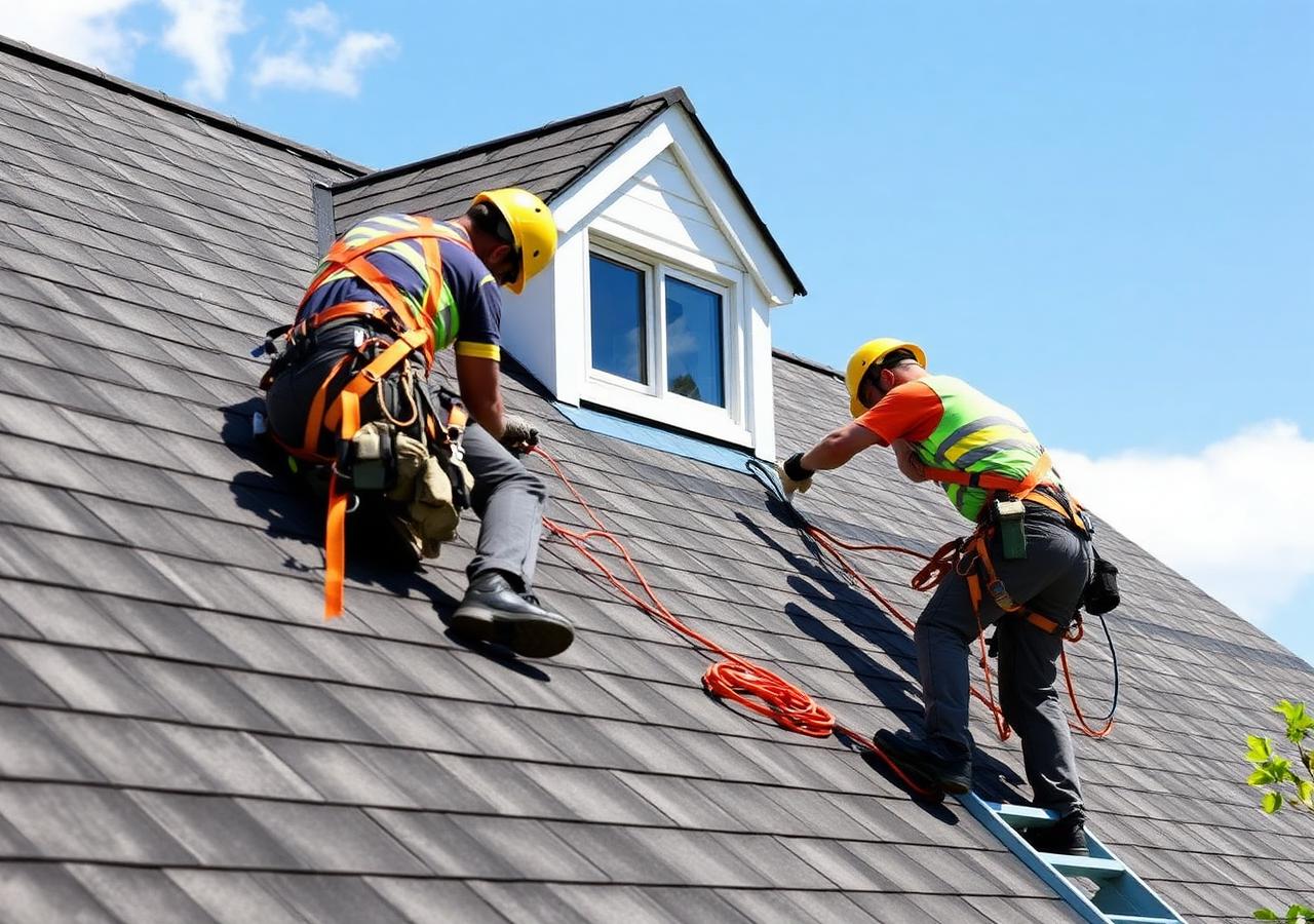 Crew installing new asphalt shingles