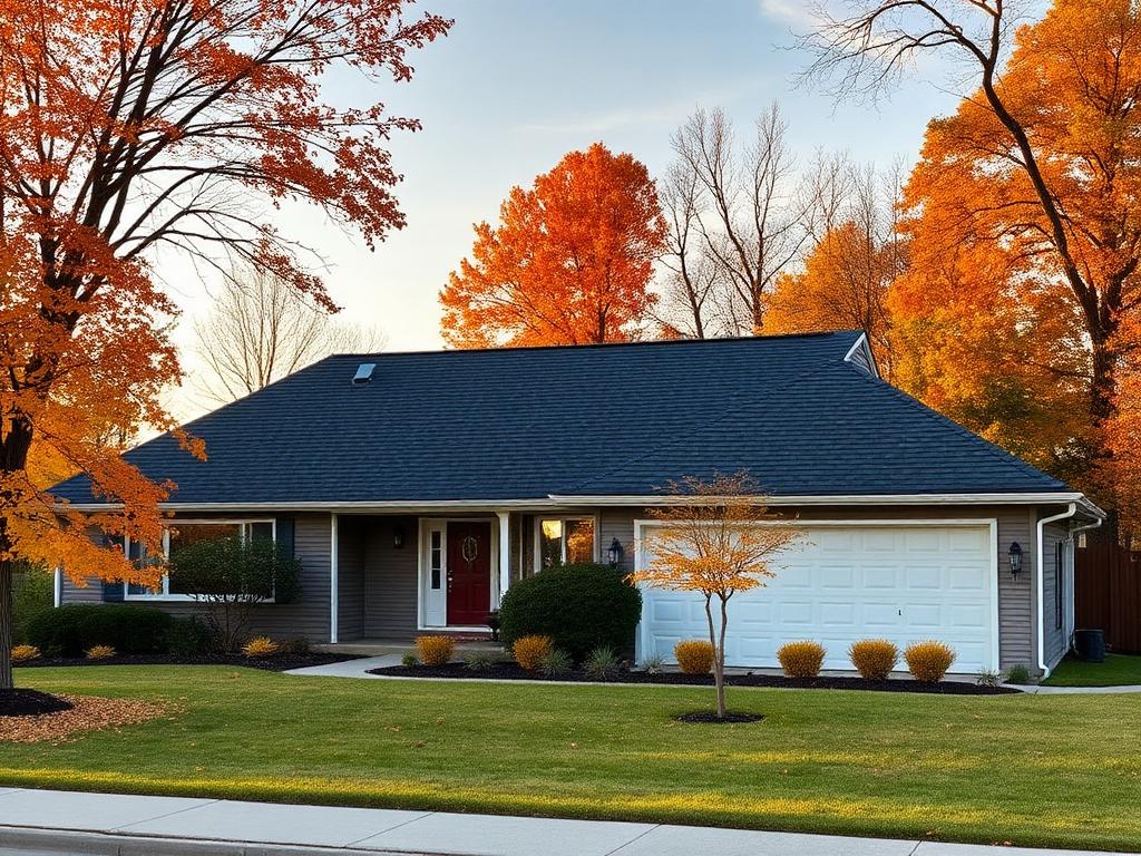 Ranch home roof replacement in autumn